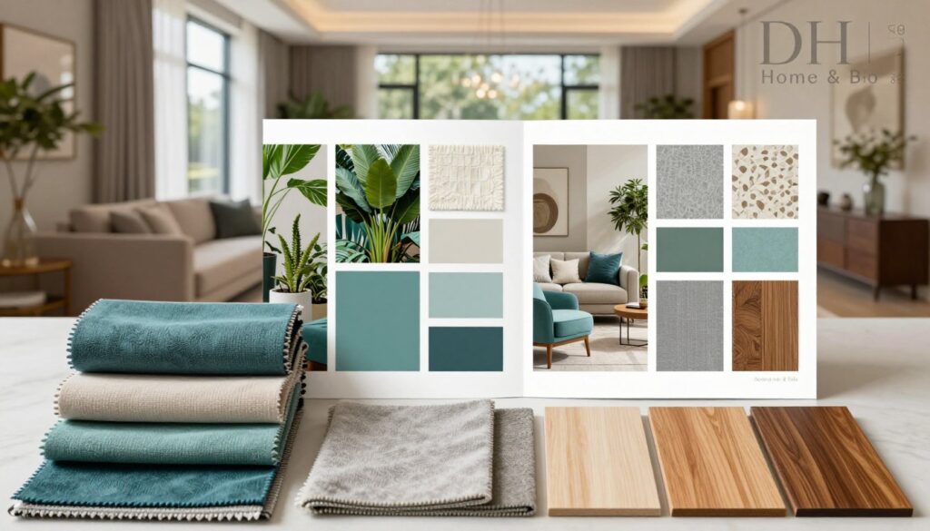 A sophisticated interior design moodboard showcasing a visual concept for a modern living space. In the foreground, neatly arranged fabric swatches in various shades of teal, beige, and soft gray, alongside a selection of polished wooden samples. In the middle, an elegant moodboard with vibrant color palettes, texture samples, and images of contemporary furniture juxtaposed against lush house plants. The background features a softly lit, luxurious interior space, with large windows allowing natural light to flood in, highlighting the harmonious color scheme. The atmosphere is serene and inspiring, reflecting a blend of comfort and elegance, branded subtly with "DH Home & Bio" in the corner. Use a warm, inviting lighting to enhance the mood, shot at eye level for an immersive perspective. A sophisticated interior design moodboard showcasing a visual concept for a modern living space. In the foreground, neatly arranged fabric swatches in various shades of teal, beige, and soft gray, alongside a selection of polished wooden samples. In the middle, an elegant moodboard with vibrant color palettes, texture samples, and images of contemporary furniture juxtaposed against lush house plants. The background features a softly lit, luxurious interior space, with large windows allowing natural light to flood in, highlighting the harmonious color scheme. The atmosphere is serene and inspiring, reflecting a blend of comfort and elegance, branded subtly with "DH Home & Bio" in the corner. Use a warm, inviting lighting to enhance the mood, shot at eye level for an immersive perspective.