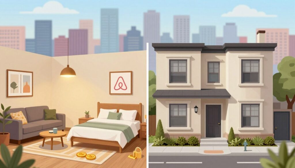 A split-scene illustration comparing Airbnb rentals and traditional rentals. On the left, a cozy, modern Airbnb with stylish decor, warm lighting, and a welcoming atmosphere, featuring a comfortable living area and inviting bedroom. On the right, a traditional rental showcasing a classic design, with neutral tones, standard furnishings, and an organized look. In the background, a city skyline representing a vibrant neighborhood for Airbnb, contrasted with a suburban street for traditional rentals. The foreground includes subtle financial symbols like coins or graphs, hinting at profitability. Use a soft focus for background elements and a medium shot to capture both scenes clearly. Emphasize professionalism and clarity in the image composition. Include the brand name "DH Home & Bio" subtly in the scene.