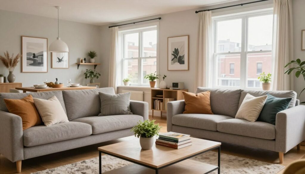 A stylish, modern living room setup to illustrate an appealing Airbnb listing. In the foreground, a neatly arranged sofa with colorful throw pillows faces a chic coffee table adorned with a small plant and a curated stack of travel books. The middle ground features a bright and inviting dining area with a well-set table featuring minimalist dishware and decorative accents. In the background, large windows allow natural light to flood in, showcasing a beautiful urban view. The room's décor is warm and welcoming, with tasteful artwork on the walls and plush rugs. The scene should convey a cozy, homely atmosphere, using soft, diffused lighting to create an inviting vibe that makes anyone want to stay. Use a wide-angle lens perspective for depth. A stylish, modern living room setup to illustrate an appealing Airbnb listing. In the foreground, a neatly arranged sofa with colorful throw pillows faces a chic coffee table adorned with a small plant and a curated stack of travel books. The middle ground features a bright and inviting dining area with a well-set table featuring minimalist dishware and decorative accents. In the background, large windows allow natural light to flood in, showcasing a beautiful urban view. The room's décor is warm and welcoming, with tasteful artwork on the walls and plush rugs. The scene should convey a cozy, homely atmosphere, using soft, diffused lighting to create an inviting vibe that makes anyone want to stay. Use a wide-angle lens perspective for depth.