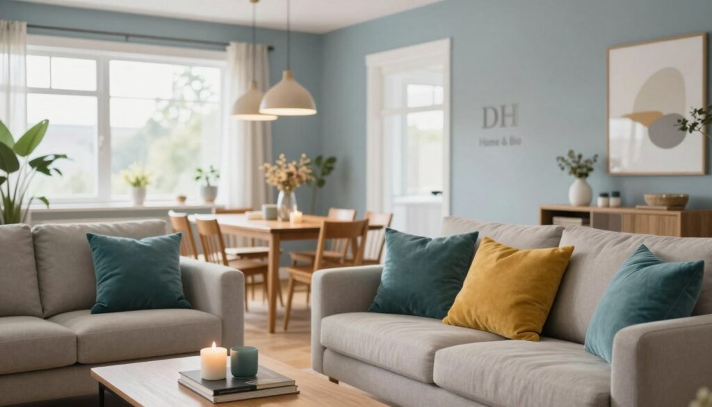 A stylish modern living space designed for an Airbnb rental, showcasing optimal color palettes and lighting that enhance the room's appeal. In the foreground, a cozy seating area with a neutral-toned sofa adorned with vibrant throw pillows in shades of teal and mustard. A sleek coffee table with decorative elements, such as candles and books. In the middle, a dining area with elegant wooden furniture, illuminated by warm, soft pendant lights hanging above. The background reveals large windows allowing ample natural light, highlighting the room’s airy atmosphere. The walls painted in calming hues of pale blue and soft gray create an inviting ambiance. Capture the scene using a soft bokeh effect, emulating natural daylight to enhance the tranquility of the space. Include the brand name "DH Home & Bio" subtly incorporated into the décor elements. A stylish modern living space designed for an Airbnb rental, showcasing optimal color palettes and lighting that enhance the room's appeal. In the foreground, a cozy seating area with a neutral-toned sofa adorned with vibrant throw pillows in shades of teal and mustard. A sleek coffee table with decorative elements, such as candles and books. In the middle, a dining area with elegant wooden furniture, illuminated by warm, soft pendant lights hanging above. The background reveals large windows allowing ample natural light, highlighting the room’s airy atmosphere. The walls painted in calming hues of pale blue and soft gray create an inviting ambiance. Capture the scene using a soft bokeh effect, emulating natural daylight to enhance the tranquility of the space. Include the brand name "DH Home & Bio" subtly incorporated into the décor elements.