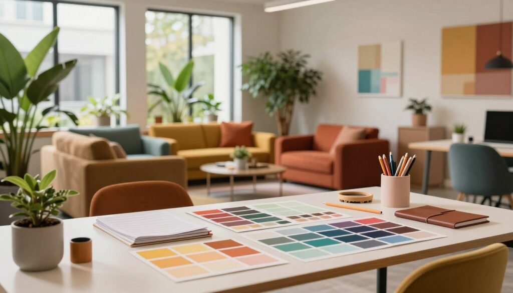 A vibrant and harmonious interior space showcasing the significance of colors and palettes in visual concepts, designed for a modern office environment. In the foreground, a sleek desk adorned with color swatches, moodboards, and stylish stationery, symbolizing creativity and organization. The middle ground features an inviting lounge area with plush seating in complementary color tones, surrounded by lush plants that add life and vibrancy. In the background, expansive windows allow warm, natural light to flood the space, emphasizing the interplay of colors against a neutral wall palette. The atmosphere should feel inspiring and energetic, capturing the essence of thoughtful color selection in space design. This scene represents DH Home & Bio’s vision for functional and aesthetic environments, inviting viewers to appreciate the power of color in space. A vibrant and harmonious interior space showcasing the significance of colors and palettes in visual concepts, designed for a modern office environment. In the foreground, a sleek desk adorned with color swatches, moodboards, and stylish stationery, symbolizing creativity and organization. The middle ground features an inviting lounge area with plush seating in complementary color tones, surrounded by lush plants that add life and vibrancy. In the background, expansive windows allow warm, natural light to flood the space, emphasizing the interplay of colors against a neutral wall palette. The atmosphere should feel inspiring and energetic, capturing the essence of thoughtful color selection in space design. This scene represents DH Home & Bio’s vision for functional and aesthetic environments, inviting viewers to appreciate the power of color in space.