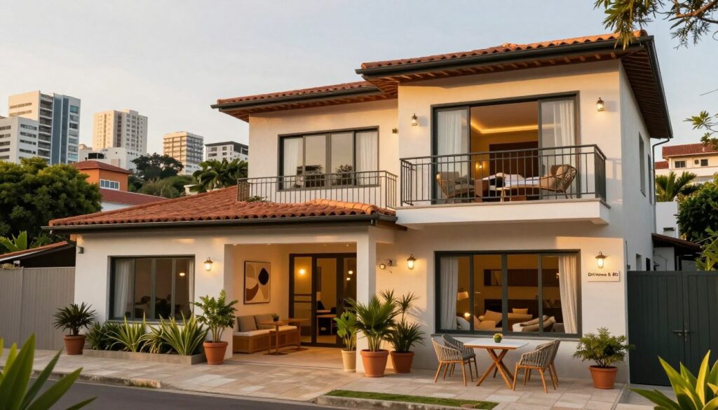 A vibrant and inviting exterior view of a well-designed Airbnb property in Porto Alegre, showcasing its unique architectural features and attractive landscaping. The foreground includes a welcoming entrance with potted plants and a cozy outdoor seating area. The middle ground highlights the property's stylish windows and balconies, with modern furnishings visible inside. In the background, picturesque Porto Alegre cityscape with iconic buildings and lush greenery. Capture the scene during golden hour, with warm, soft lighting enhancing the inviting atmosphere. The image conveys comfort and sophistication, ideal for a profitable Airbnb listing. Include branding elements subtly associated with "DH Home & Bio", to enhance the professional aesthetic while maintaining a clean and stylish look.