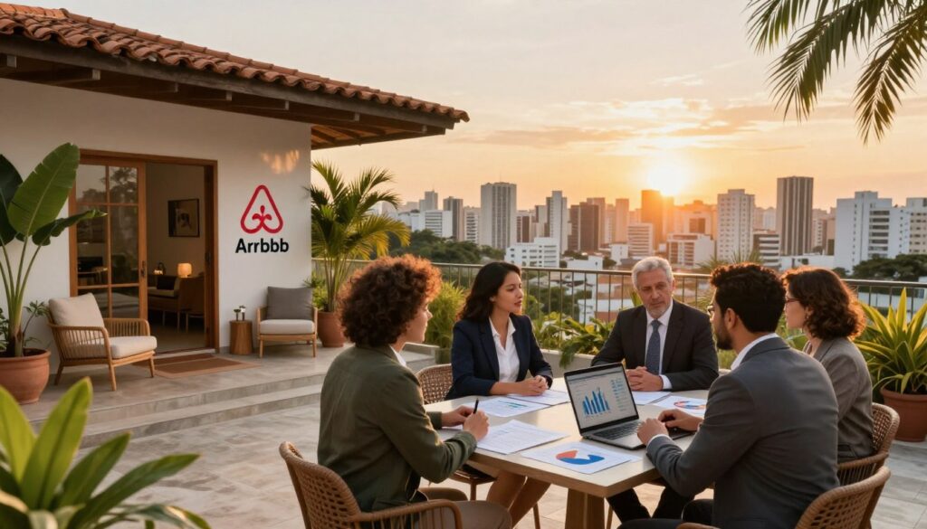 A vibrant and inviting scene depicting the growth of the short-term rental market in Brazil. In the foreground, a beautifully renovated Airbnb property with modern furnishings and tropical decor, showcasing its appeal to potential renters. In the middle ground, a diverse group of people dressed in professional business attire, discussing investment opportunities around a table, with financial graphs and a laptop open in front of them. In the background, a panoramic view of a bustling Brazilian city skyline with a bright sunset, symbolizing opportunity and prosperity. The lighting is warm and inviting, creating an optimistic atmosphere, captured from a slightly elevated angle with a wide lens to encompass both the property and the discussion. Include the brand name "DH Home & Bio" subtly integrated within the setting, reflecting a professional tone.