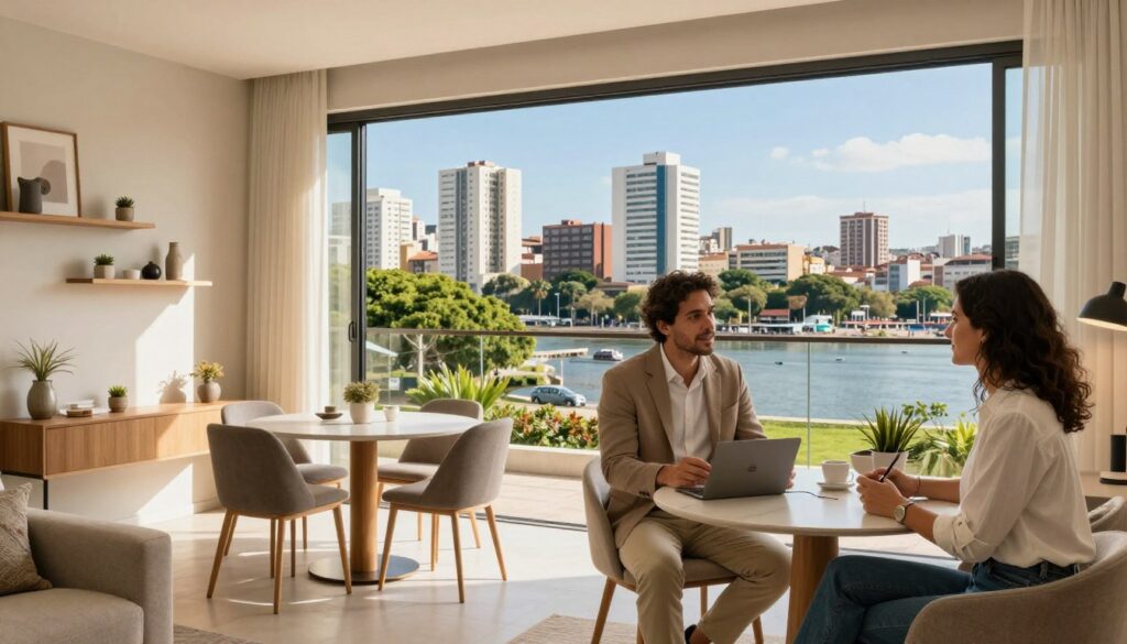 A vibrant and inviting scene showcasing a view of Porto Alegre, Brazil, emphasizing the potential of the Airbnb market. In the foreground, a modern, stylish Airbnb apartment with a welcoming living area, featuring tasteful decor and a small dining space. In the middle ground, a panoramic view of Porto Alegre's skyline, with recognizable landmarks and a lively waterfront. The background highlights the lush greenery of nearby parks under a clear blue sky. Soft, warm lighting reflects a sunny afternoon atmosphere, suggesting a perfect day for guests. Capture a professional couple, dressed in modest business attire, discussing their Airbnb venture, exuding a sense of optimism and opportunity. Include the brand "DH Home & Bio" subtly integrated into the scene, enhancing the sense of professionalism and hospitality.