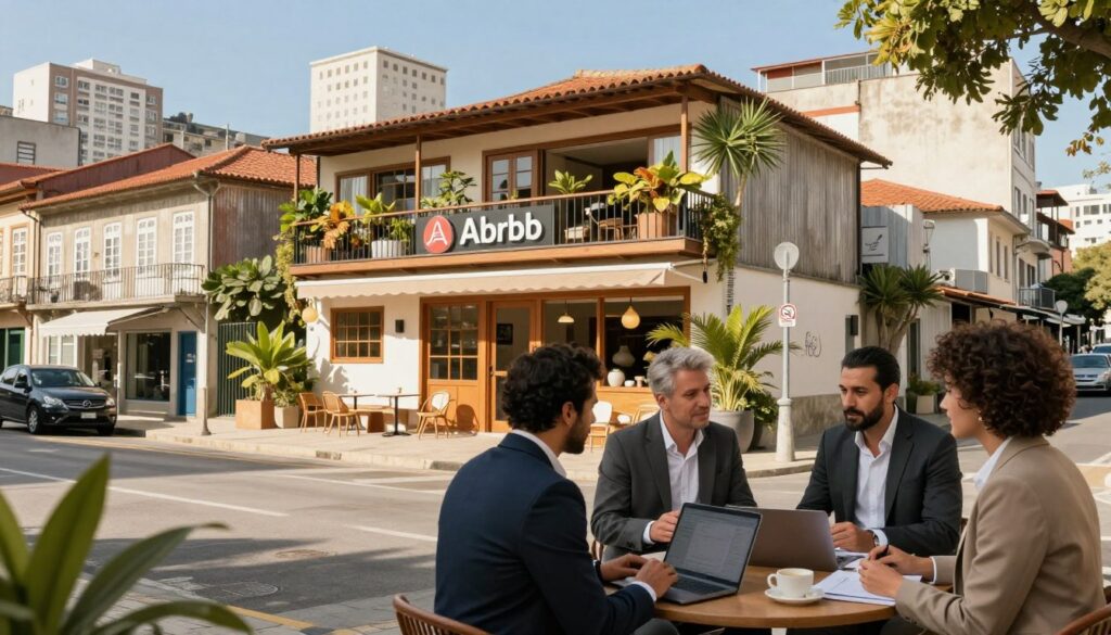 A vibrant, inviting street scene in Porto Alegre, showcasing both Zona Sul and Zona Norte neighborhoods. In the foreground, a group of diverse individuals in professional business attire discusses investment opportunities over a laptop. The middle ground features a stylish Airbnb property with a welcoming facade, flanked by flourishing greenery and contemporary decor. The background includes iconic Porto Alegre landmarks and an azure sky, creating a bright, optimistic atmosphere. The scene is bathed in warm, natural light, capturing the charm of the city while emphasizing the potential of Airbnb investments. The angle is slightly elevated, providing a comprehensive view of both the business discussion and the property’s appeal.