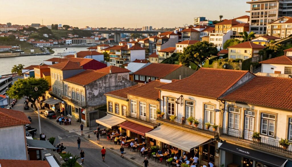 A vibrant, scenic view of Porto Alegre at sunset, highlighting the best neighborhoods for Airbnb investments. In the foreground, a lively street with charming cafes and boutiques, showcasing people in modest casual clothing enjoying their time. The middle ground features a mix of residential buildings and modern apartments, some with welcoming balconies adorned with plants, indicating inviting atmospheres. The background reveals the iconic waterfront and lush green parks under a warm, golden light, casting long shadows. The image is framed with a slight tilt to encourage depth, using a wide-angle lens to capture the lively essence of the neighborhoods. The overall mood is optimistic and inviting, encouraging viewers to envision the potential of investing in these areas, branded with "DH Home & Bio" subtly integrated within the scenery.