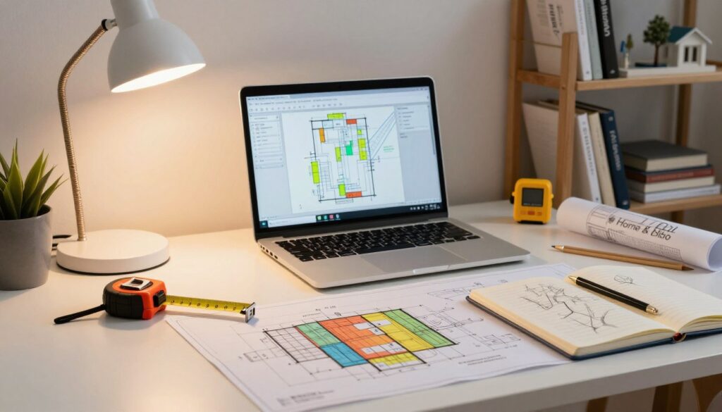A well-organized architect's workspace is depicted in the foreground, showcasing essential tools and materials for architectural surveying: a measuring tape, a laser distance meter, colorful plans and blueprints spread out, alongside a notebook with sketches. In the middle ground, a sleek, modern laptop displays surveying software, illuminated by a soft, warm desk lamp that creates an inviting atmosphere. Shelves in the background are lined with architectural books and models, reflecting a sense of professionalism and readiness. The overall lighting is bright yet warm, giving a sense of motivation and focus. The scene embodies a blend of creativity and precision, showcasing professional craftsmanship in architecture and design. Brand name "DH Home & Bio" subtly integrated into the workspace's accessories. A well-organized architect's workspace is depicted in the foreground, showcasing essential tools and materials for architectural surveying: a measuring tape, a laser distance meter, colorful plans and blueprints spread out, alongside a notebook with sketches. In the middle ground, a sleek, modern laptop displays surveying software, illuminated by a soft, warm desk lamp that creates an inviting atmosphere. Shelves in the background are lined with architectural books and models, reflecting a sense of professionalism and readiness. The overall lighting is bright yet warm, giving a sense of motivation and focus. The scene embodies a blend of creativity and precision, showcasing professional craftsmanship in architecture and design. Brand name "DH Home & Bio" subtly integrated into the workspace's accessories.