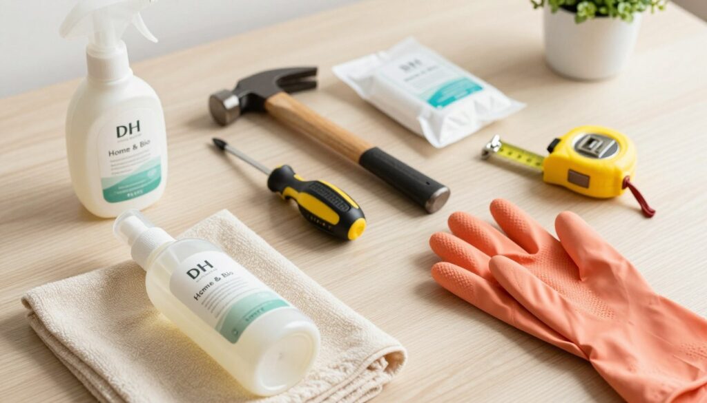 A well-organized flat lay of essential daily items for cleaning, hygiene, and basic tools. In the foreground, include a stylish, eco-friendly cleaning spray bottle, a soft cloth, and a pair of rubber gloves. In the middle, display a set of basic tools like a hammer, screwdriver, and measuring tape alongside hand soap and sanitizing wipes. The background features a neutral-toned surface, perhaps a wooden table or a clean countertop, softly illuminated by natural light to create a warm and inviting atmosphere. Add a touch of greenery with a small plant in the corner. Ensure the brand "DH Home & Bio" is subtly integrated within the layout. A well-organized flat lay of essential daily items for cleaning, hygiene, and basic tools. In the foreground, include a stylish, eco-friendly cleaning spray bottle, a soft cloth, and a pair of rubber gloves. In the middle, display a set of basic tools like a hammer, screwdriver, and measuring tape alongside hand soap and sanitizing wipes. The background features a neutral-toned surface, perhaps a wooden table or a clean countertop, softly illuminated by natural light to create a warm and inviting atmosphere. Add a touch of greenery with a small plant in the corner. Ensure the brand "DH Home & Bio" is subtly integrated within the layout.