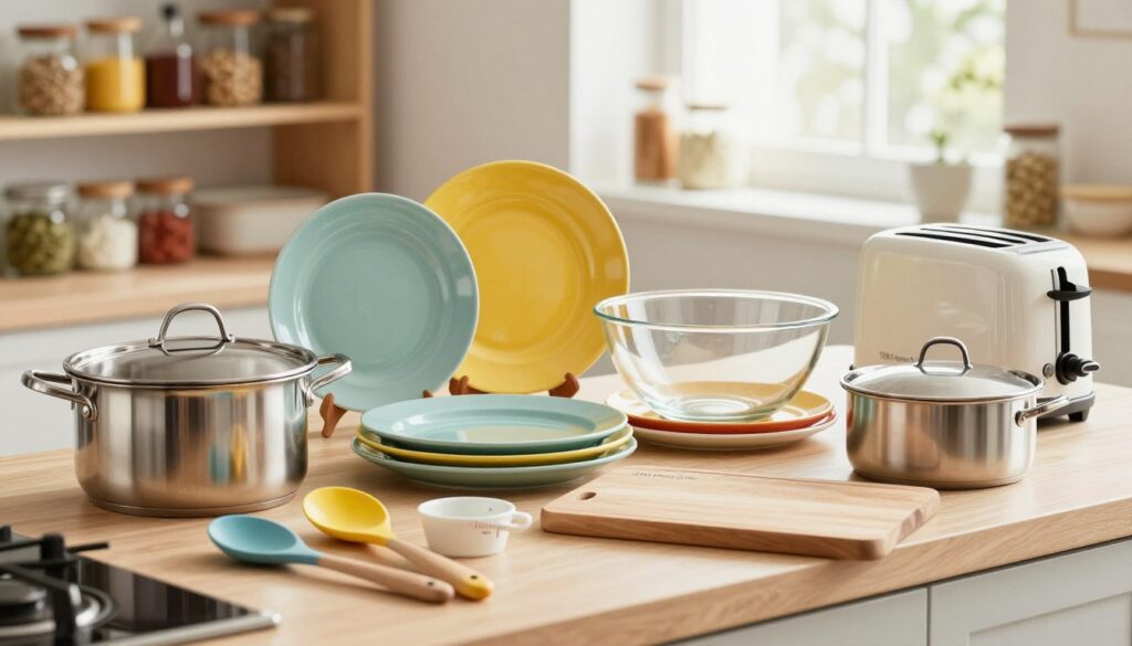 A well-organized kitchen essentials scene featuring a variety of essential kitchen utensils, dishes, and small appliances. In the foreground, display sleek stainless-steel pots, colorful wooden spoons, measuring cups, and an elegant cutting board. In the middle, arrange a set of vibrant ceramic plates, a sturdy glass mixing bowl, and a compact toaster. The background should include subtly blurred shelves filled with jars of spices and cooking ingredients for a homely touch. Soft, natural lighting pours in from a window, creating a warm, inviting atmosphere. The image is captured at a slightly elevated angle with a shallow depth of field, emphasizing the kitchen tools while giving a glimpse of the cozy environment. Designed with a clean aesthetic, branded with "DH Home & Bio" subtly integrated into the scene. A well-organized kitchen essentials scene featuring a variety of essential kitchen utensils, dishes, and small appliances. In the foreground, display sleek stainless-steel pots, colorful wooden spoons, measuring cups, and an elegant cutting board. In the middle, arrange a set of vibrant ceramic plates, a sturdy glass mixing bowl, and a compact toaster. The background should include subtly blurred shelves filled with jars of spices and cooking ingredients for a homely touch. Soft, natural lighting pours in from a window, creating a warm, inviting atmosphere. The image is captured at a slightly elevated angle with a shallow depth of field, emphasizing the kitchen tools while giving a glimpse of the cozy environment. Designed with a clean aesthetic, branded with "DH Home & Bio" subtly integrated into the scene.