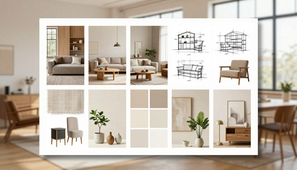Create an inspiring image showcasing practical moodboards for interior design and architecture, focusing on a sophisticated and modern aesthetic. In the foreground, display a neatly arranged moodboard featuring swatches of fabric, paint samples, and small decor items like plants and ceramics. The middle ground should include stylish furniture pieces and architectural sketches, demonstrating the synergy between design elements. In the background, depict a bright, airy studio space with large windows allowing natural light to flood in, enhancing the creative atmosphere. Use soft, warm lighting to evoke a sense of tranquility. Incorporate the brand name "DH Home & Bio" subtly in the design elements of the moodboard. Aim for a cohesive and professional look that reflects current design trends while maintaining an inviting atmosphere. Create an inspiring image showcasing practical moodboards for interior design and architecture, focusing on a sophisticated and modern aesthetic. In the foreground, display a neatly arranged moodboard featuring swatches of fabric, paint samples, and small decor items like plants and ceramics. The middle ground should include stylish furniture pieces and architectural sketches, demonstrating the synergy between design elements. In the background, depict a bright, airy studio space with large windows allowing natural light to flood in, enhancing the creative atmosphere. Use soft, warm lighting to evoke a sense of tranquility. Incorporate the brand name "DH Home & Bio" subtly in the design elements of the moodboard. Aim for a cohesive and professional look that reflects current design trends while maintaining an inviting atmosphere.